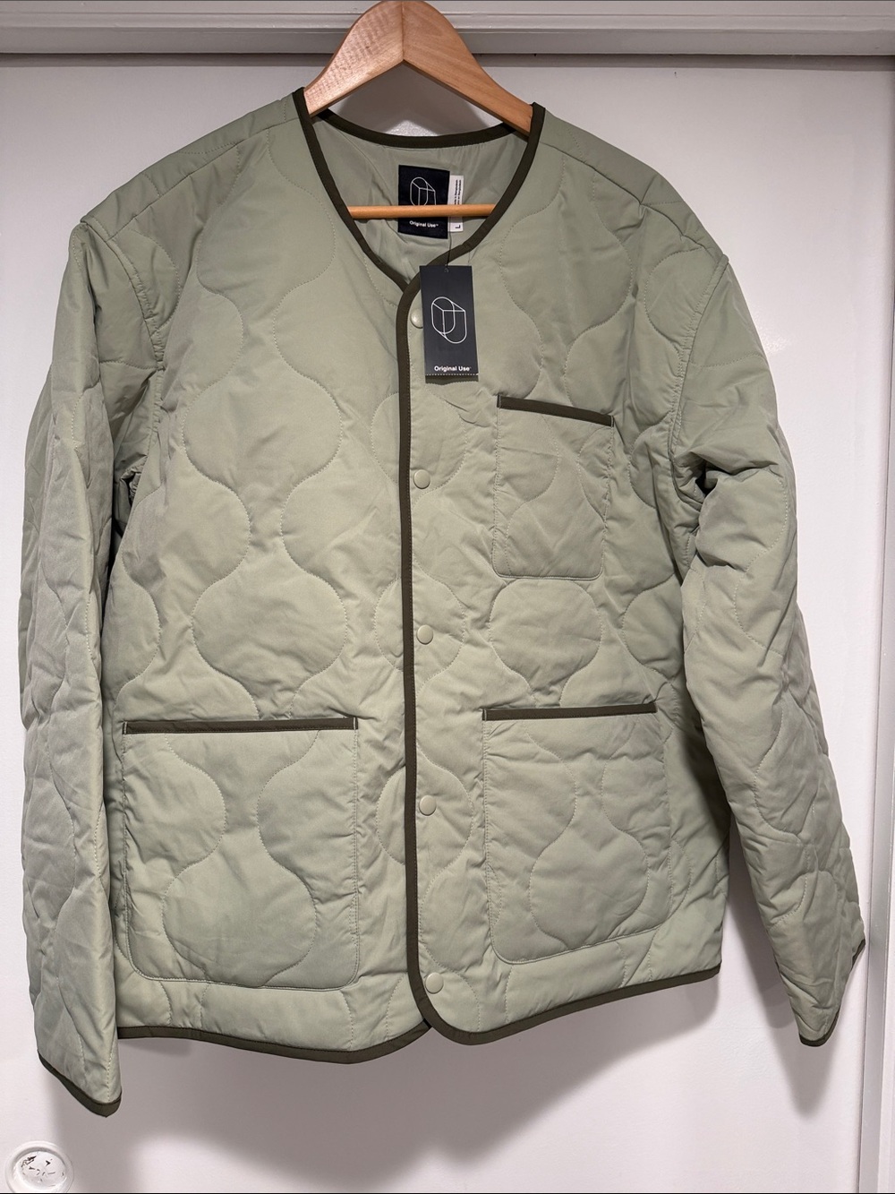 Original Use Light Olive Quilted Collarless Jacket